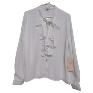 Blashe Blouse Woman's L White Ruffle Long Sleeves Office Career Formal Button Up